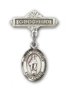 Pin Badge with St. Gregory the Great Charm and Godchild Badge Pin [BLBP0600]