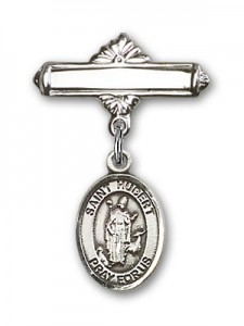 Pin Badge with St. Hubert of Liege Charm and Polished Engravable Badge Pin [BLBP0574]