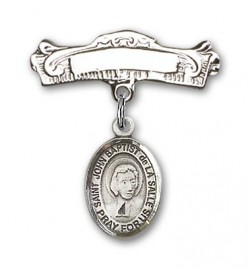 Pin Badge with St. John Baptist de la Salle Charm and Arched Polished Engravable Badge Pin [BLBP1710]
