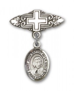 Pin Badge with St. John Baptist de la Salle Charm and Badge Pin with Cross [BLBP1709]