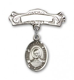 Pin Badge with St. Josemaria Escriva Charm and Arched Polished Engravable Badge Pin [BLBP2317]