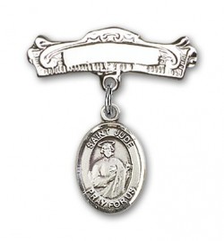 Pin Badge with St. Jude Thaddeus Charm and Arched Polished Engravable Badge Pin [BLBP0681]