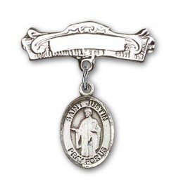 Pin Badge with St. Justin Charm and Arched Polished Engravable Badge Pin [BLBP0625]