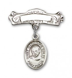 Pin Badge with St. Maximilian Kolbe Charm and Arched Polished Engravable Badge Pin [BLBP0772]