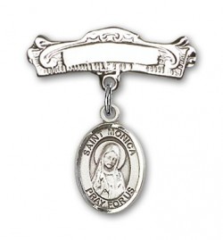 Pin Badge with St. Monica Charm and Arched Polished Engravable Badge Pin [BLBP0814]