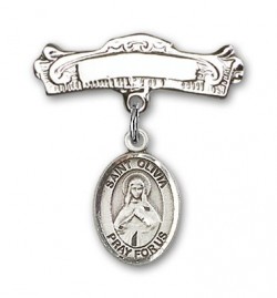 Pin Badge with St. Olivia Charm and Arched Polished Engravable Badge Pin [BLBP2051]