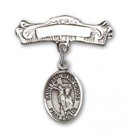 Pin Badge with St. Paul of the Cross Charm and Arched Polished Engravable Badge Pin [BLBP2093]