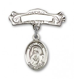 Pin Badge with St. Paul the Apostle Charm and Arched Polished Engravable Badge Pin [BLBP0863]