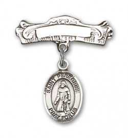 Pin Badge with St. Peregrine Laziosi Charm and Arched Polished Engravable Badge Pin [BLBP0877]