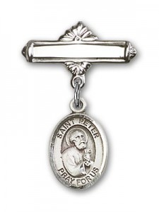 Pin Badge with St. Peter the Apostle Charm and Polished Engravable Badge Pin [BLBP0889]