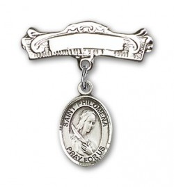 Pin Badge with St. Philomena Charm and Arched Polished Engravable Badge Pin [BLBP0800]