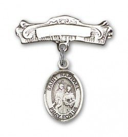 Pin Badge with St. Raphael the Archangel Charm and Arched Polished Engravable Badge Pin [BLBP0905]