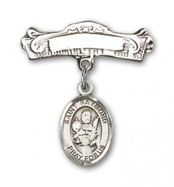 Pin Badge with St. Raymond Nonnatus Charm and Arched Polished Engravable Badge Pin [BLBP0898]