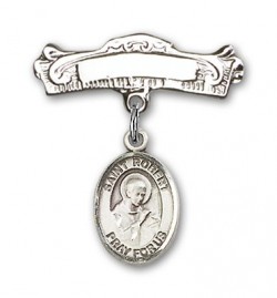 Pin Badge with St. Robert Bellarmine Charm and Arched Polished Engravable Badge Pin [BLBP0933]