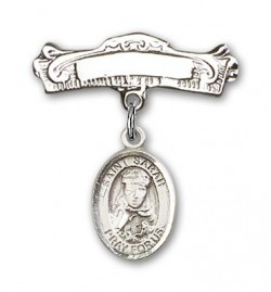 Pin Badge with St. Sarah Charm and Arched Polished Engravable Badge Pin [BLBP0940]