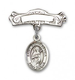 Pin Badge with St. Scholastica Charm and Arched Polished Engravable Badge Pin [BLBP0954]