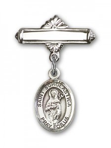 Pin Badge with St. Scholastica Charm and Polished Engravable Badge Pin [BLBP0952]