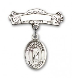 Pin Badge with St. Stephen the Martyr Charm and Arched Polished Engravable Badge Pin [BLBP0989]