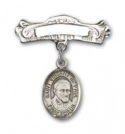 Pin Badge with St. Vincent de Paul Charm and Arched Polished Engravable Badge Pin [BLBP1185]