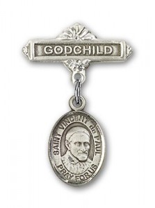 Pin Badge with St. Vincent de Paul Charm and Godchild Badge Pin [BLBP1188]