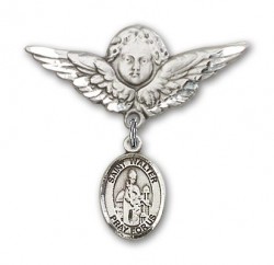 Pin Badge with St. Walter of Pontnoise Charm and Angel with Larger Wings Badge Pin [BLBP1864]