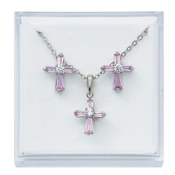 Pink Cubic Zirconia Cross and Earring Set [MV0042]
