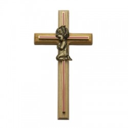 Pink Enamel Oak Wood Praying Girl Baby Cross 8“H   [SNCR1052]