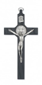 St. Benedict 8 inch Silver Tone Black Stained Wood Wall Cross [CRX3203]