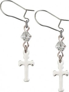 Sterling Silver Cross 'Crystal Bead' Earrings [BC0127]