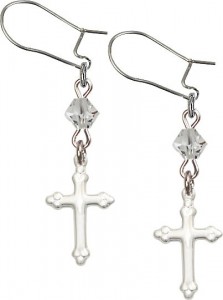 Sterling Silver Cross 'Crystal Bead' Earrings [BC0151]
