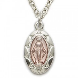 Sterling Silver Pink Enameled Oval Miraculous Baby Medal   [SN2119]