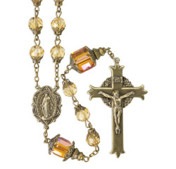 Vintage Inspired Light Topaz Glass Bead Rosary with Antique Crucifix and Centerpiece [RB3501]