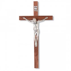 Silver-tone Corpus and Walnut Finish Wall Crucifix - 10 inch [CRX4164]