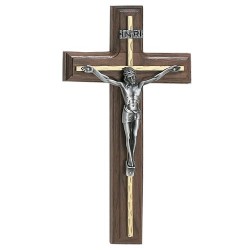 Walnut Crucifix Silver Overlay, 10 Inch [CRXMV007]