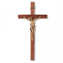 Museum Gold Corpus with Walnut Wood Wall Crucifix - 10 inch [CRX4140]