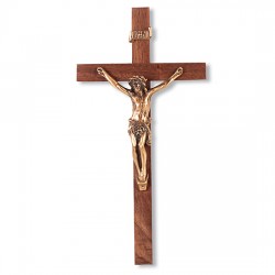 Goldtone Walnut Wood Wall Crucifix - 9 inch [CRX4122]