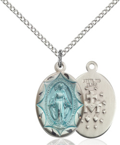 Women's Petite Miraculous Medal with Blue Enamel Necklace [CM2280]
