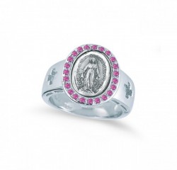 Women's Pink Crystal Miraculous Medal Ring Sterling Silver [HMR007]
