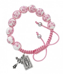 Women's Pink Flower Ceramic Beads with Miraculous Charm &amp; Cross Bracelet [MCBR0047]