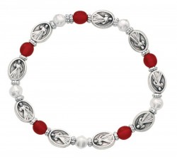 Women's Red and White Bead Stretch Bracelet with Divine Mercy Medals [MCBR0025]