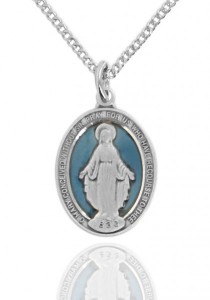 Women's Sterling Silver Oval Blue Enamel Miraculous Medal [MV2100]