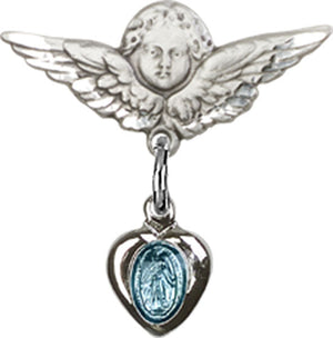Sterling Silver Baby Pin with Blue Enamel Miraculous Charm and Angel with Smaller Wings