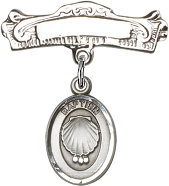 Baptism Charm and Arched Polished Engravable Badge Pin