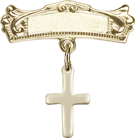 Cross Charm and Arched Polished Engravable Badge Pin