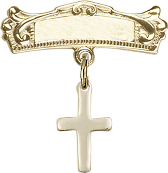 Cross Charm and Arched Polished Engravable Badge Pin