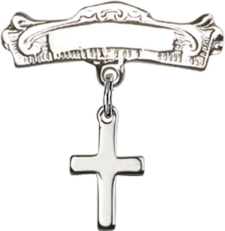 Cross Charm and Arched Polished Engravable Badge Pin