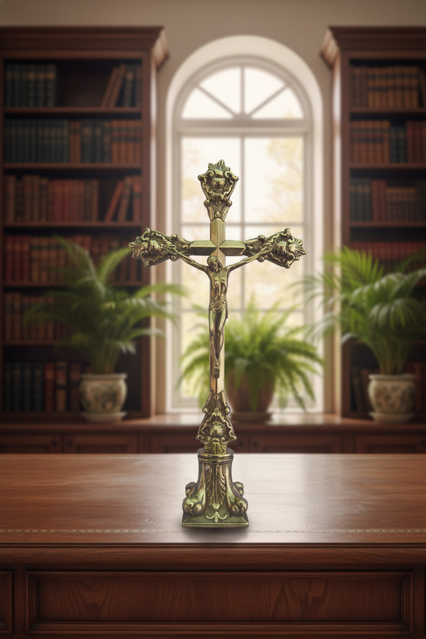 Bronze crucifix on a white background