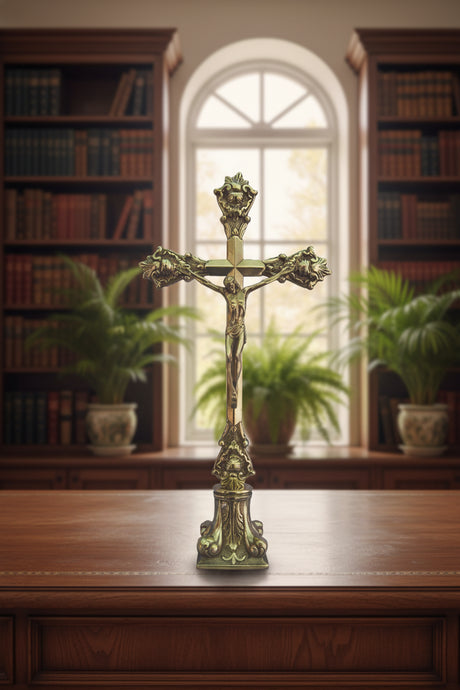 Bronze crucifix on a white background