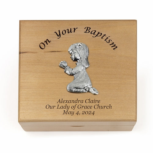 Baptism Keepsake Box for Girls - Maple Wood with Pewter