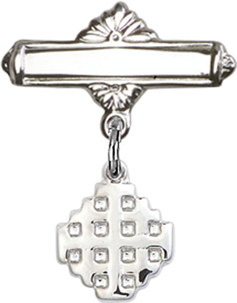 Jerusalem Cross Charm and Polished Engravable Badge Pin